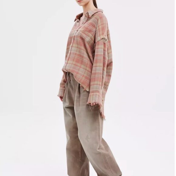 NWT R13 Shredded Seam Flannel Drop Neck Shirt Washed-Out Red/Khaki Plaid XLarge - Picture 6 of 15